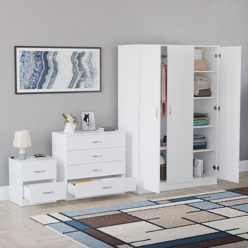 Maybery 3 Piece Bedroom Set (2 Drawer Bedside Chest, 4 Drawer Chest, 3 Door Wardrobe), (5), White