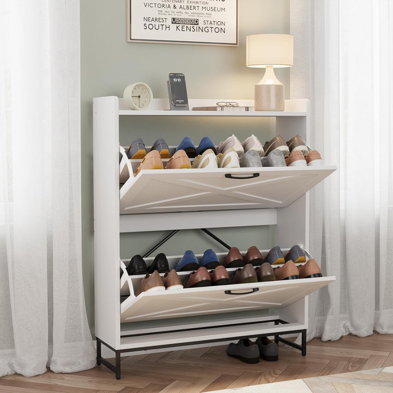 16 Pair Shoe Storage with 2 Smooth Flip Draws and Adjustable shelves，Farmhouse multi-Functional Shoe Cabinet  for Entryway, Narrow Space