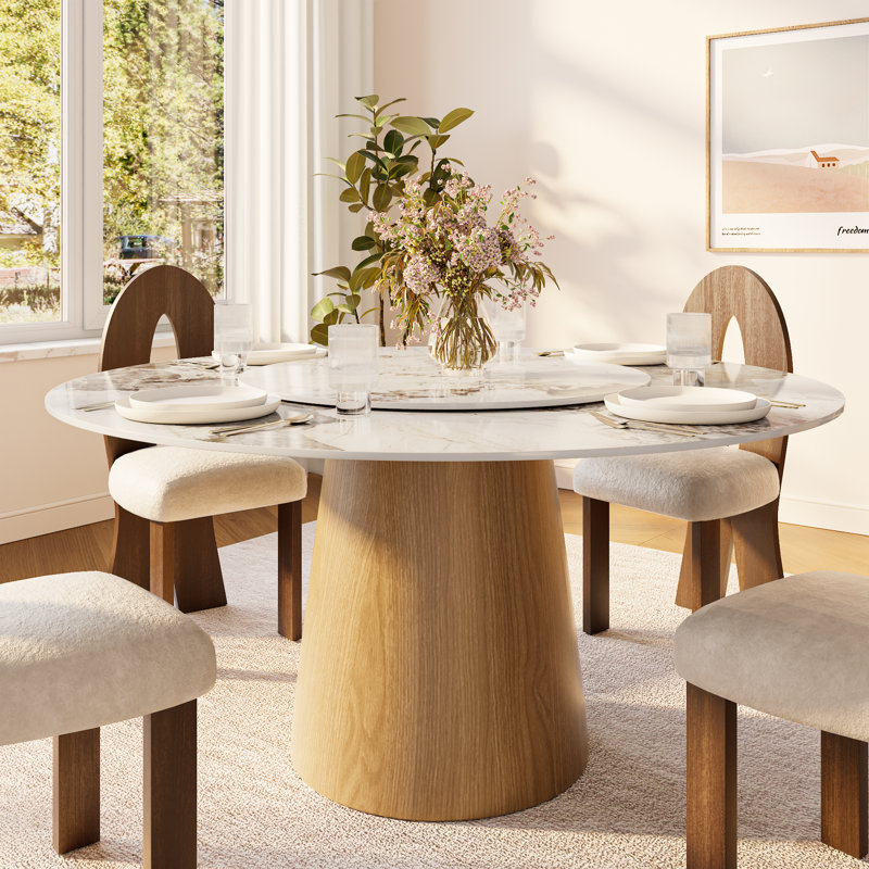 Table de salle à manger ronde en pierre à piédestal en bois massif grain de bois naturel avec plateau tournant pour 6 à 8 personnes