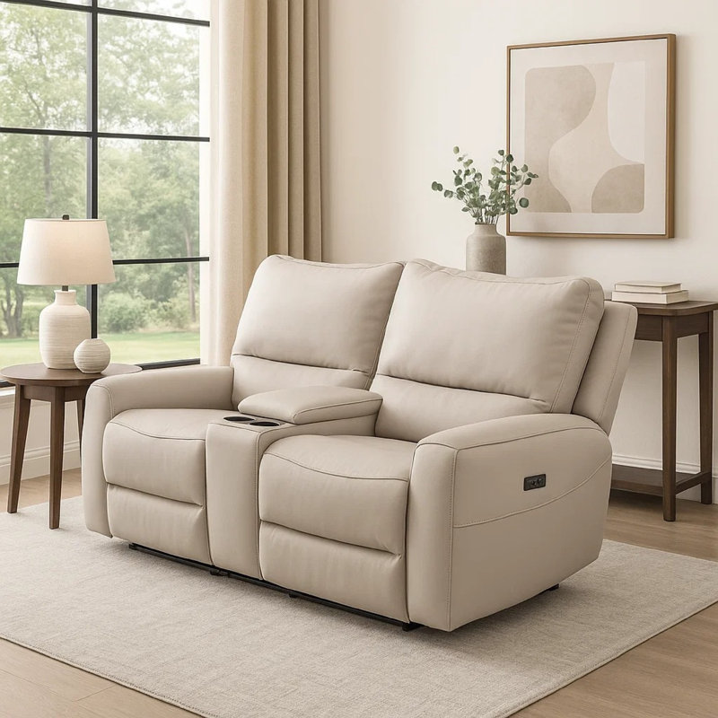 Causeuse inclinable électrique Pono, cuir grainé beige