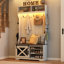 Portemanteau 75 pouces à DEL avec banc, armoire à chaussures réglable, 7 crochets à manteaux, porte-parapluies et bande lumineuse à DEL, banc de portemanteau autoportant en bois aggloméré robuste