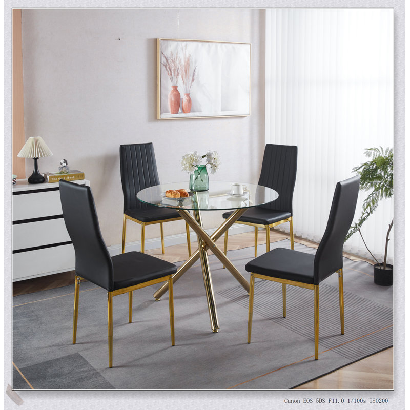 Ensemble de salle à manger Mid-Century 5 pièces avec plateau en verre et pieds en métal, idéal pour 4 à 6 personnes, avec tables de bout et tables basses