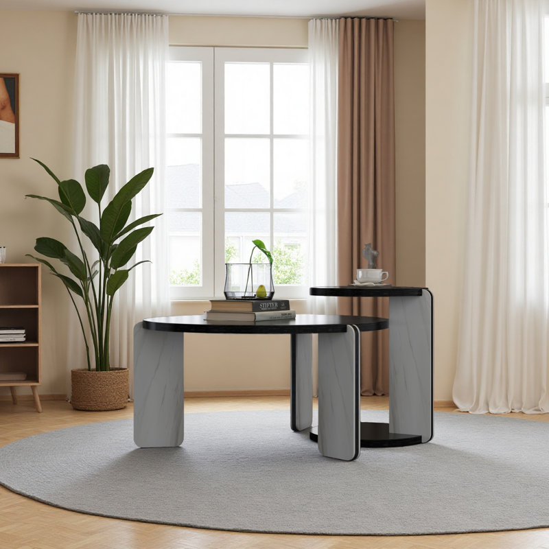 Round Coffee Table End Table Sofa Table Side Table Set With OAK Veneer Surface 25Mm MDF For Living Room Dinning Room Bedroom, Sintered Stone Legs, 83 + 43Cm Diameter