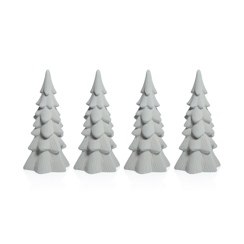 Snow-Covered Flocked Ceramic Decorative Trees, Holiday Tabletop Décor, Set of 4, 11" H x 5" W x 5" D