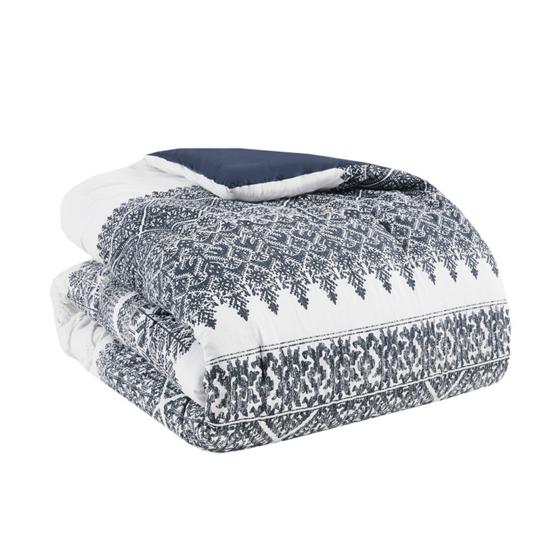 Ink+ivy 3 Piece Comforter . Cotton. Navy Print With Tufting. . And 2 Shams. Machine Washable Bedding Cotton Full/queen Size. Pattern Chenille. Fill. Matching Appealing