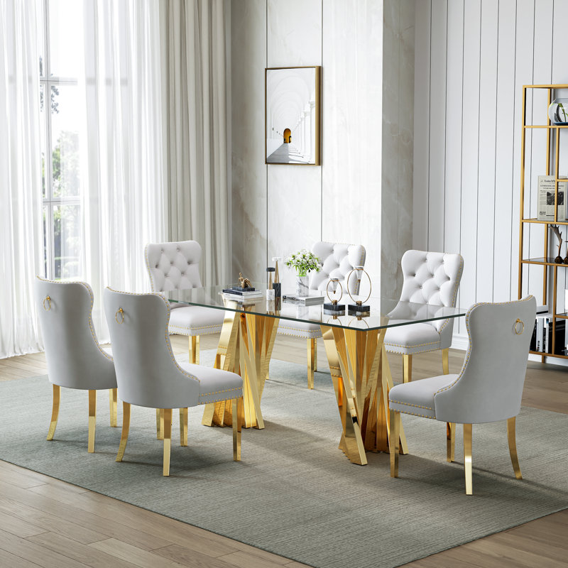 6 - Person Glass Top Double Pedestal Dining Set, Gold, White/Gold