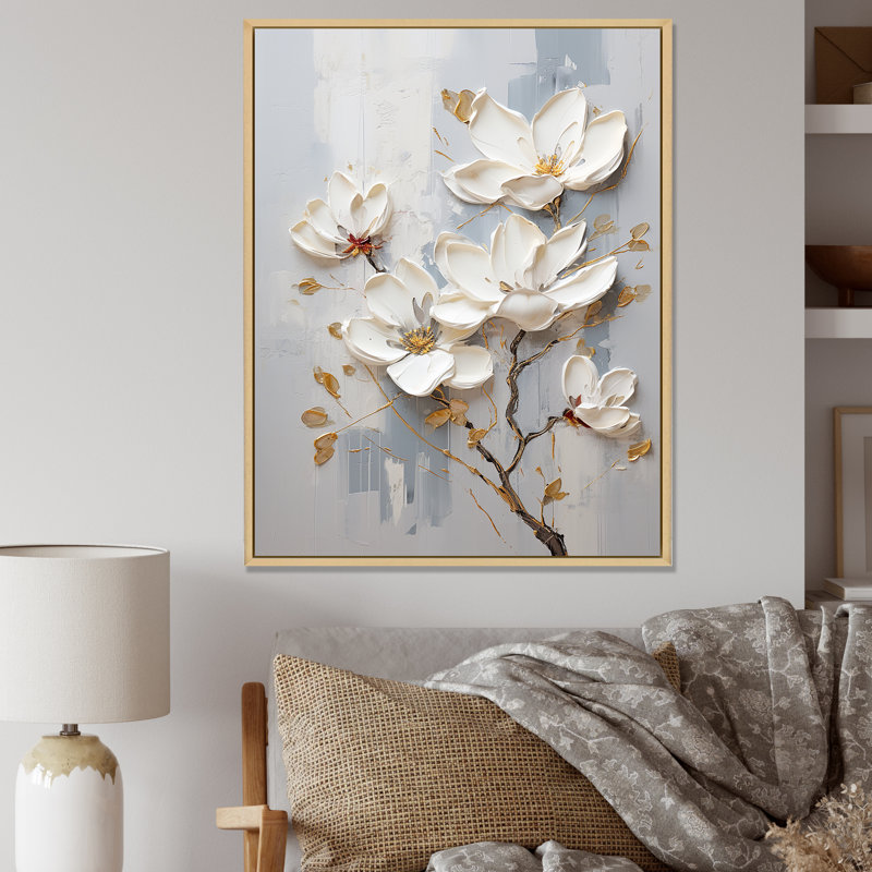 «Magnolias I» bleu et blanc sur toile, Cadre naturel flottant, H 32 po x l 24 po x P 1 po