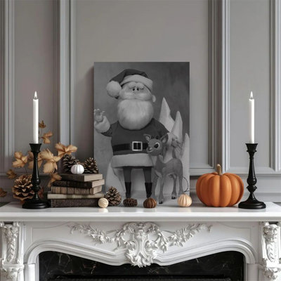 1 piece framed wall art canvas painting of Santa Claus, Rudolph the Reindeer, in a classic cartoon style. Decorative retro-style wall poster for home decor, modern artwork perfect for bedrooms and living rooms.