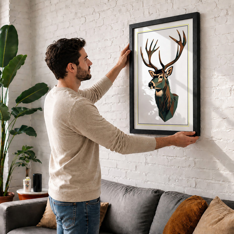 Stately Deer Geometric - Framed Print, A1 - 84.1 x 59.4 cm, White