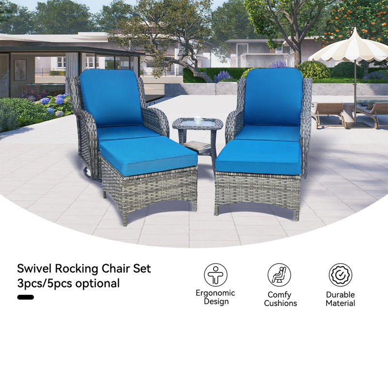Ensemble de conversation de patio en rotin 5 pièces 5 pièces, chaises berçantes pivotantes à 360 °, coussins épais en oléfine, repose-pieds et table d'appoint avec structure en aluminium pour terrasse