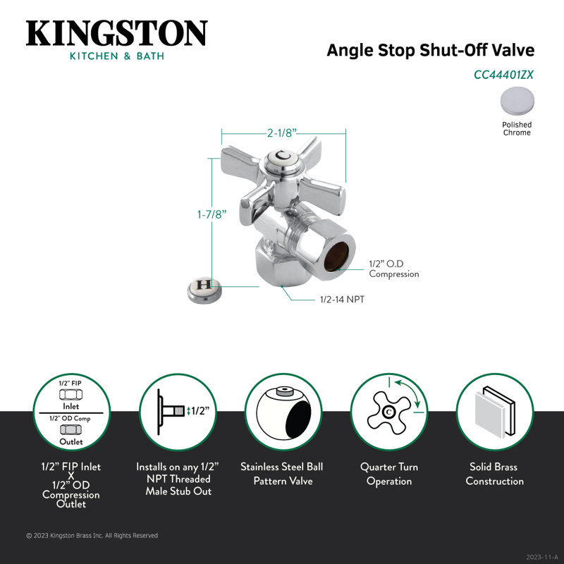 Kingston Brass Millennium 1/2-Inch FIP x 1/2-Inch OD Comp Quarter-Turn Angle Stop Valve, Polished Chrome