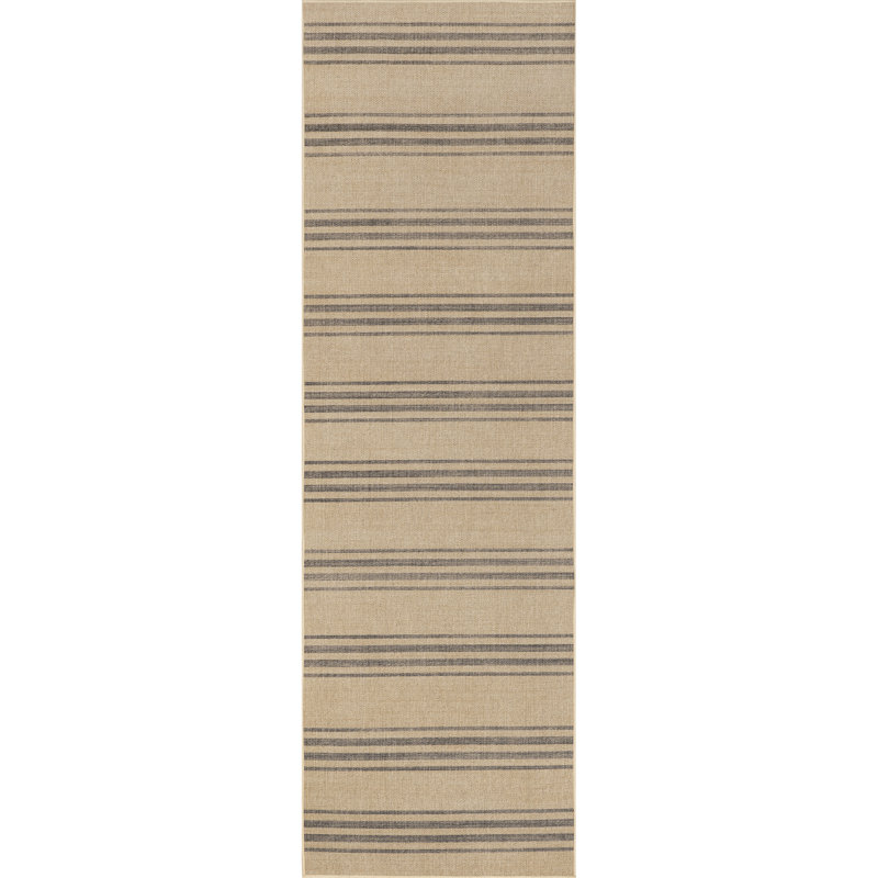 Gray and Natural Striped Washable Synthetic Runner Rug
