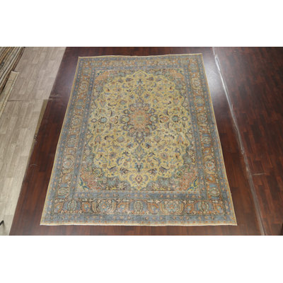 Tapis doré en laine noué à la main de conception unique 9 pi 6 po x 12 pi 2 po