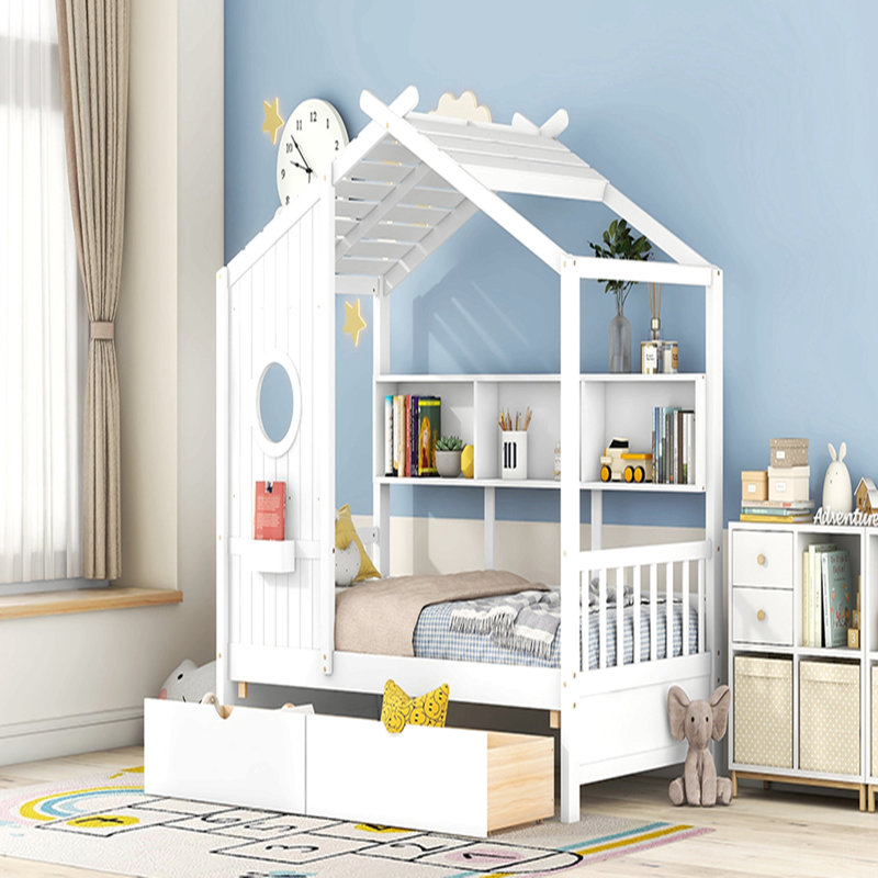 Lit en bois avec 2 tiroirs, lit pour enfant avec tablette de rangement, Lit simple, Blanc