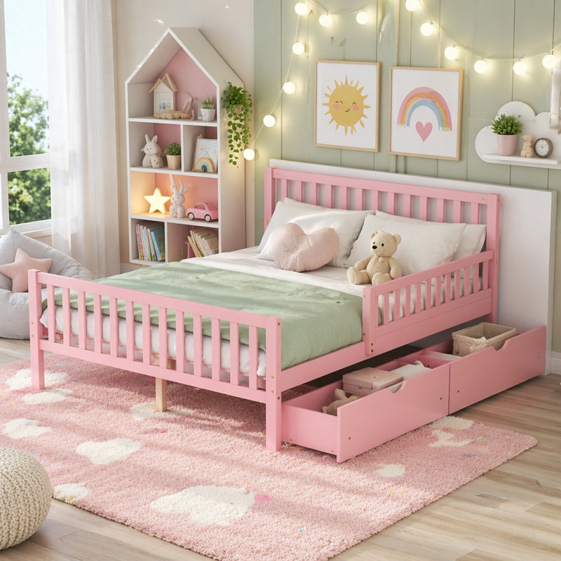 Lit plateforme en bois avec garde-corps et deux tiroirs de rangement, peu encombrants et élégants, Full / Double, Pink