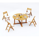 4 Seats 5 Pcs Grade-A Teak Wood Dining Set: 60" Round Table And 4 Surfliner Folding Reclining Arm Chairs #11SL1204