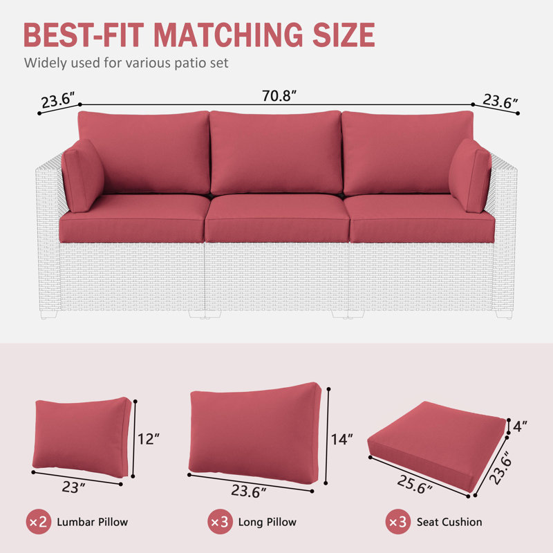 8-Piece Outdoor 4" Replacement Cushion Set Seat/Back Cushion(Set Of 3 Seats, 3 Backs, 2 Short Backs), Fuchsiared