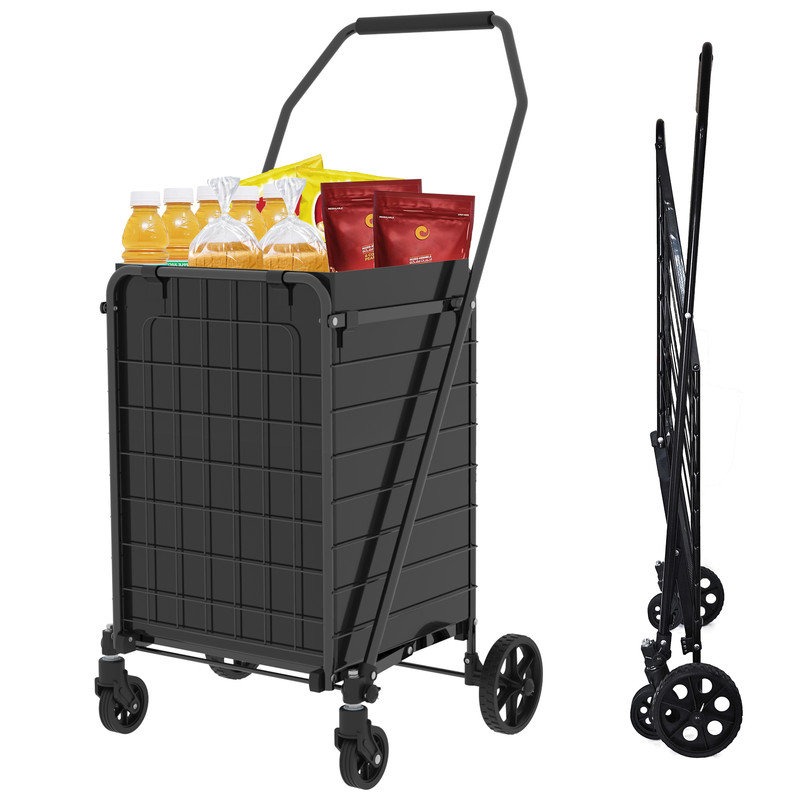 Shopping Cart with Shelf, Foldable Grocery Cart on Wheels with 360° Swivel Wheels, Heavy Duty Utility Cart for Groceries, Laundry, Shopping and Storage