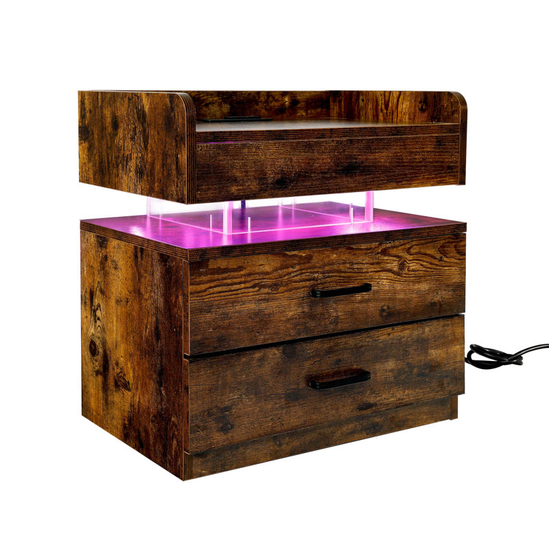 Salmeron RGB LED Light Nightstand End Side Table with Charging Port USB, Brown