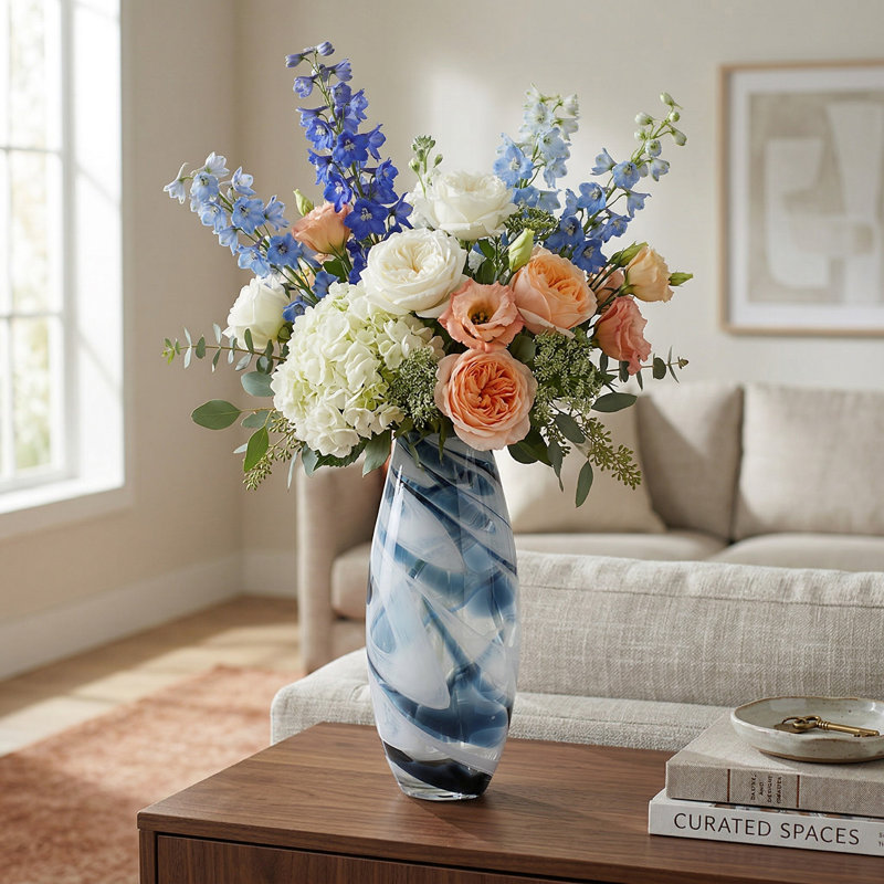 Hand-Blown Glass Vase with Elegant Swirl Design, 17" H x 7" W x 7" D