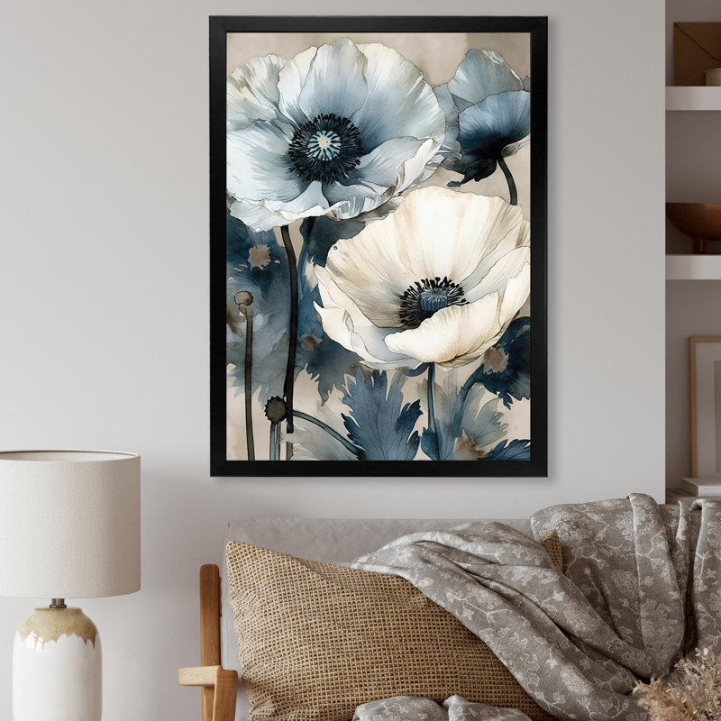 Bouquet de pavot bleu et blanc sérénade, Cadre simple noir, H 20 po x l 12 po x P 1 po