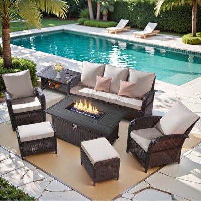 6 Pieces Outdoor Wicker Patio Conversation Set with 48” Fire Pit Table, Reclining Chairs, Ottomans & Furniture Cover