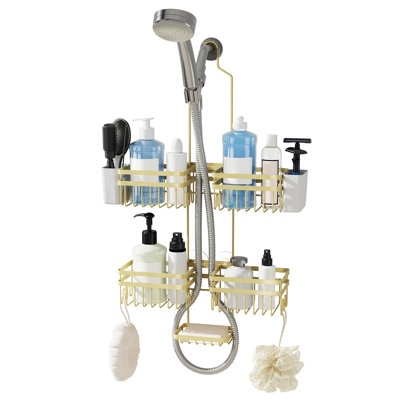 3-Tier Adjustable Anti-Swing Shower Organizer Hanging with Heavy-Duty Suction Cups, Damage-Free Rustproof (GOLD)