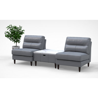 2 Person Waiting Room Reception Chairs with Charging Tables Set 100% Genuine Leather 4pc Set Color Gray