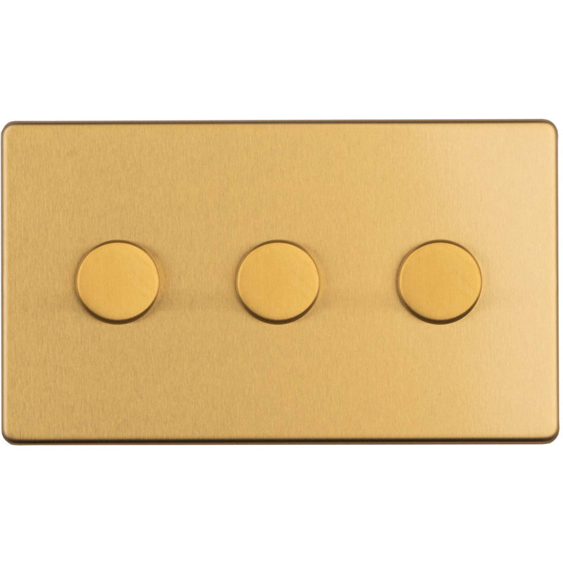 3 Gang Rotary Dimmer Switch 2 Way LED SCREWLESS SATIN BRASS Light Dimming Wall, Brass, Gold
