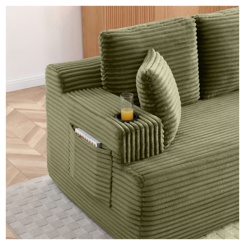Canapé de sol en velours côtelé de 169 cm avec porte-gobelet et poches latérales, canapé 2 places sans dossier avec coussins supplémentaires, vert