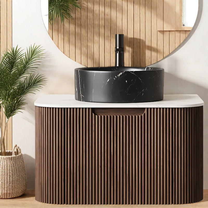 Meuble-lavabo moderne en céramique avec plateau en pierre frittée peu encombrante pour la maison