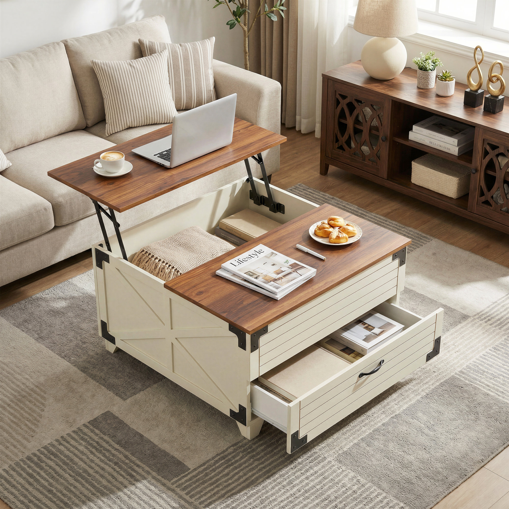 Latitude Run® Farmhouse Square Lift Top Coffee Table With Hidden ...