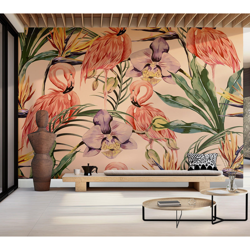 Papier peint de qualité supérieure - Motif tropical flamant, L 96 po x l 120 po
