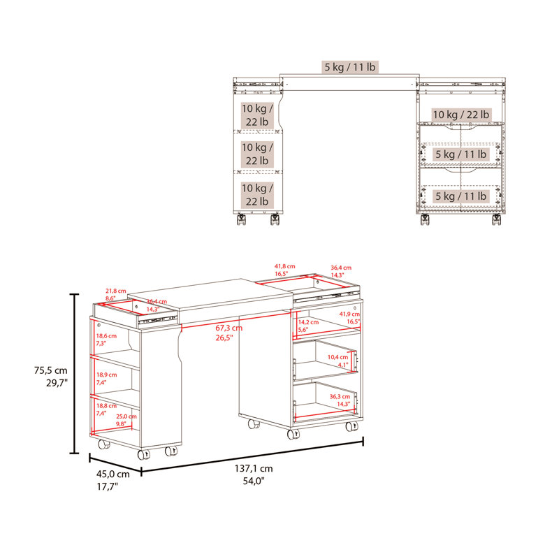 Loris Extendable Desk with Two Drawers, Open Shelves, and Sliding Mechanism