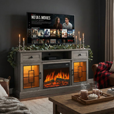 60" Entertainment Center With Heater & Remote, TV Stand With 2 Drawers, Patterned Glass Cabinets & LED Ambiance by Orren Ellis