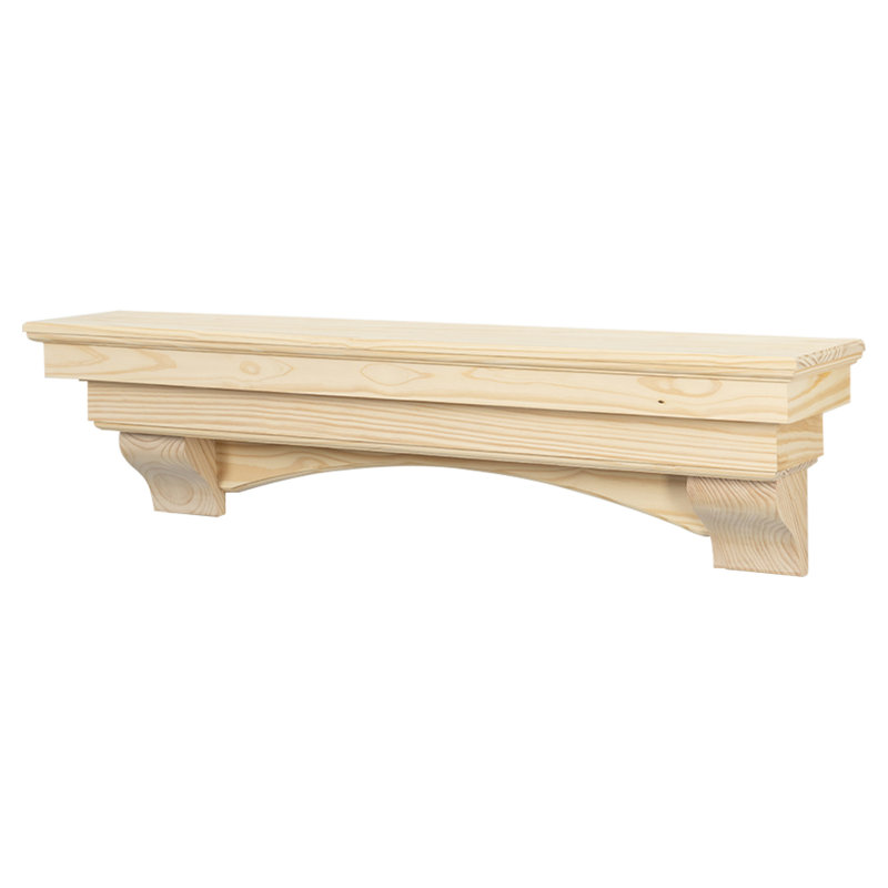 Rustic Floating Wood Fireplace Mantel Shelf with Arched Corbels - Pine Wood, Unfinished, 72" Length