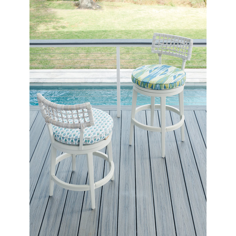 Oyster White Transitional Swivel Bar Stool with Herringbone Wicker