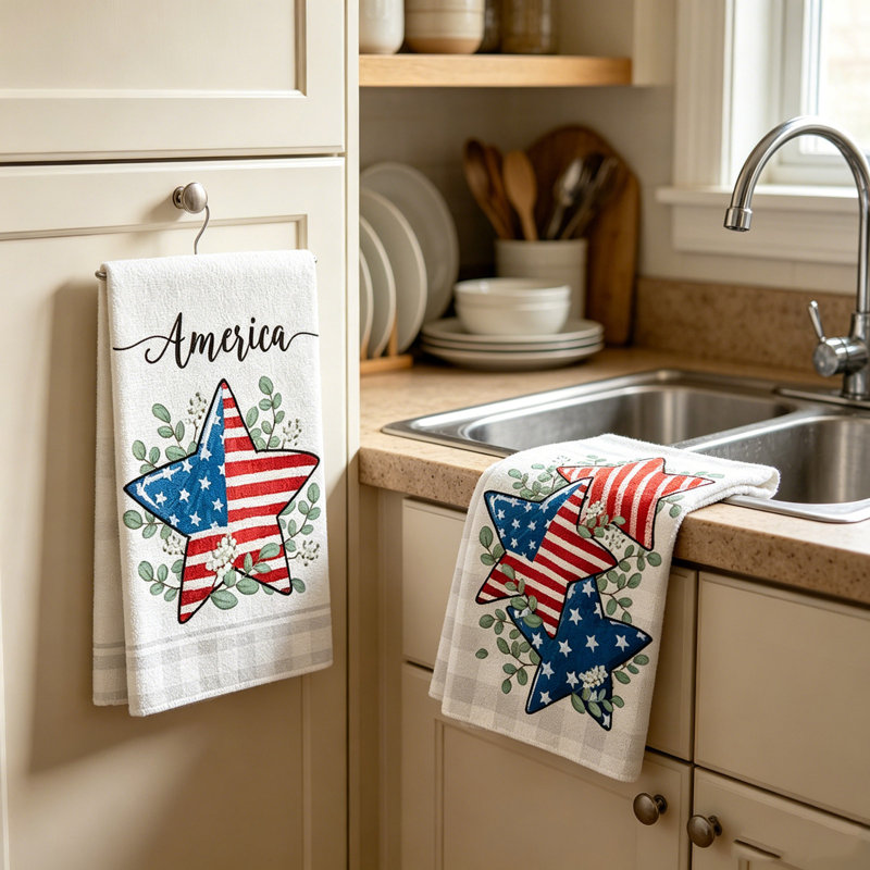 Patriotic Star Flag Microfiber Kitchen Towel Set Of 2, Absorbent Hand Towel For Independence Day Decor, White