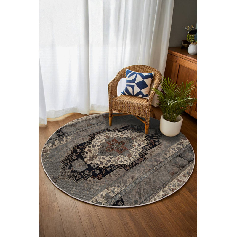Rayhan Collection Digital Print Cotton-Polyester Gray Moroccan Rug, Round 3'4"