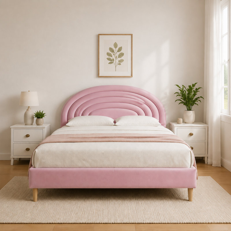 Lit tapissier festonné Halis, Double, Velours rose