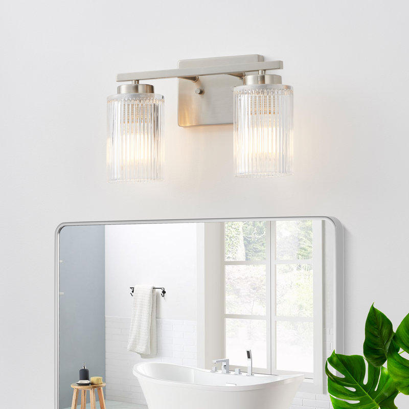 2-light Vanity Light with Clear Ribbed Glass Shade, Brushed Nickel