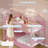 Bunk Bed Twin Over Twin With Storage Drawers And Globe String Lights House Shaped Low Bunk Bed With Montessori Bookshelf Metal Bunk Beds With Ladder And Guardrail,space Saving, Pink.-1964031979