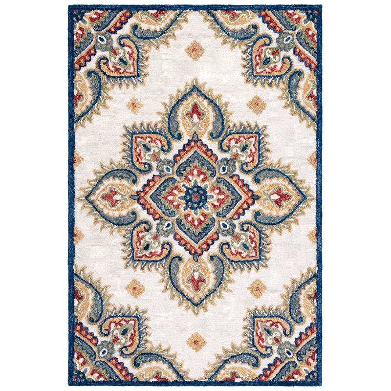Blossom Hand Tufted Wool/Cotton Oriental Rug in Ivory/Green, Rectangle 5' x 8'