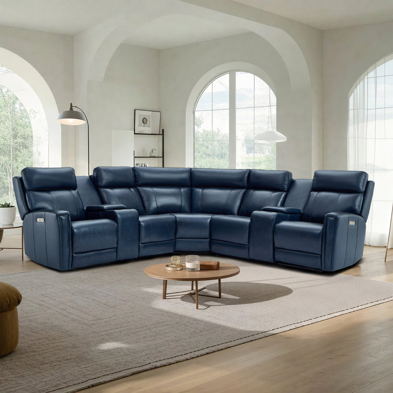 7-Piece, 3 Power recliners Leather Reclining Sectional, Power headrest  , Navy Blue Genuine Leather, Power - Push Button