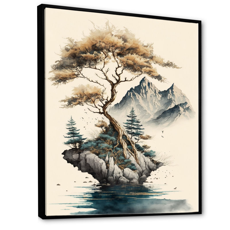 Bonsai Tree On A Rock V - Art mural moderne sur toile, L 12 po x H 20 po, Cadre flottant noir