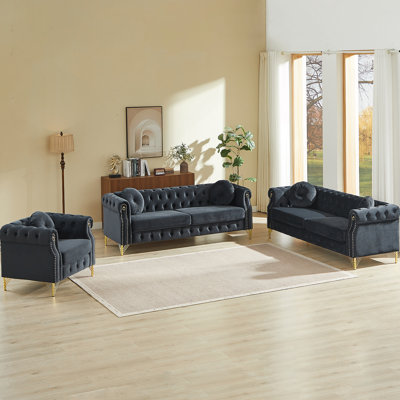 Velvet Chesterfield Sofa With Round Pillows, Copper Studs, Tufted Buttons, Metal Legs & Decorative Loops