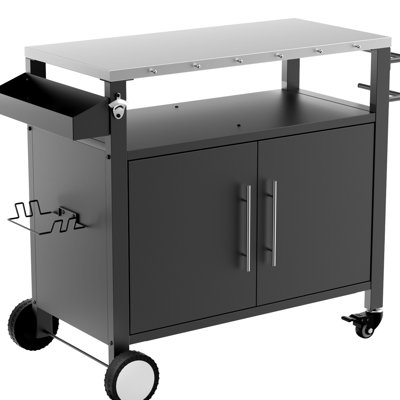 Chariot extérieur pour barbecue avec support à épices et poignée à pousser - pratique pour griller, plateau de table en acier inoxydable à roulettes noires facile à déplacer,