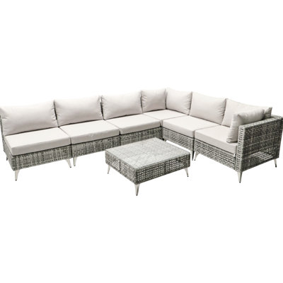 Outdoor Sectional Furniture With Grey Cushions And Tempered Glass Table. All-weather, Modern For Patio, Porch, Backyard 7 Patio Coffee Table - Backyard. -, Water-repellent, Comfortable Seating