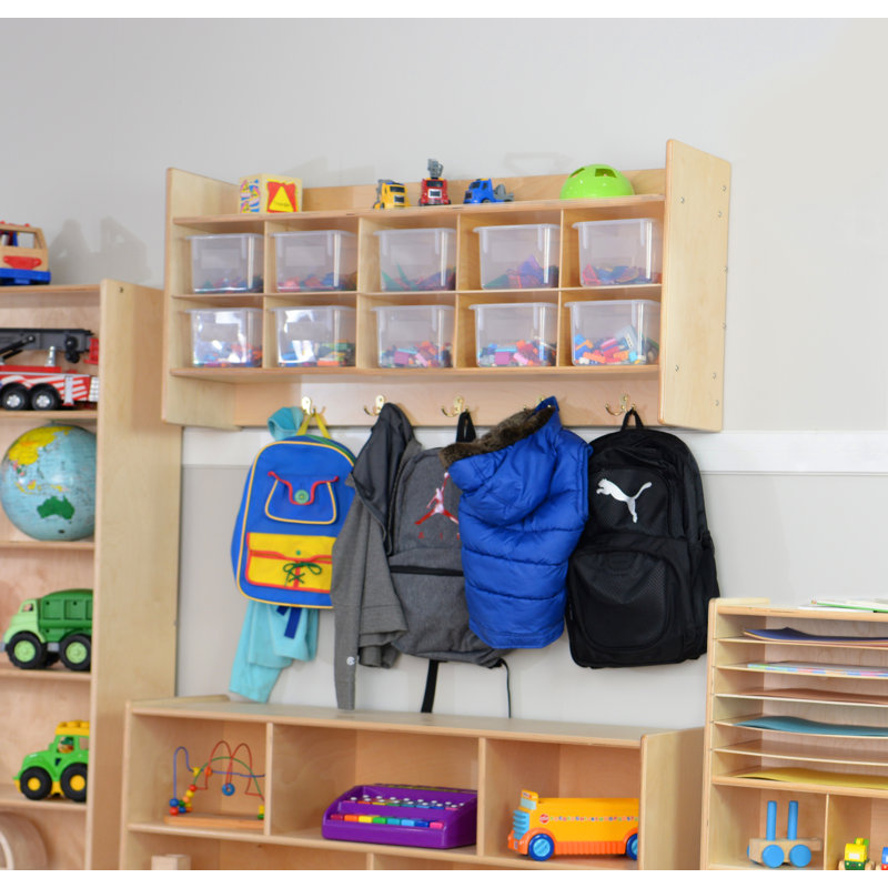 Birch Plywood Wall Hanging Cubby Storage with Hooks and Translucent Trays