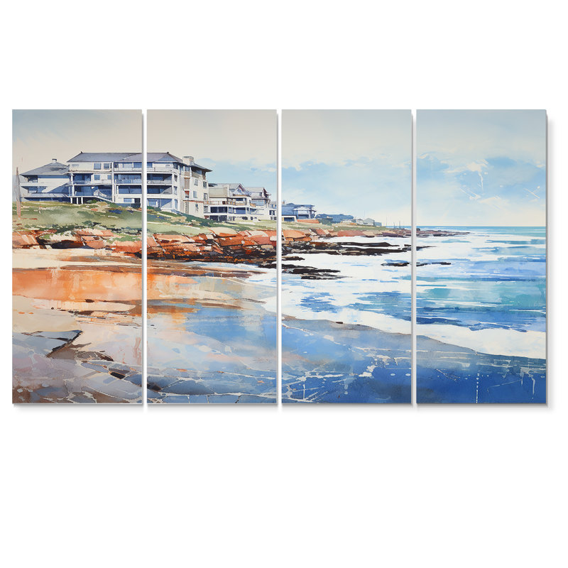 «White Beach Mansion Quiet Summer Waves - Art mural sur toile plage et océan 4 pièces, H 32 po x l 64 po